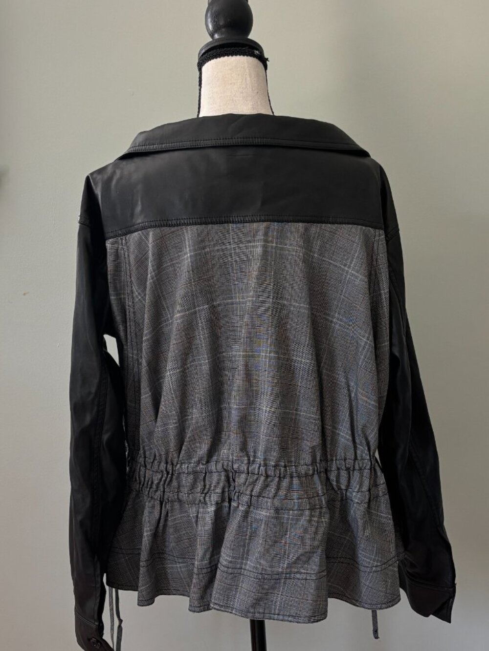ADEAM Oversized Ruched Jacket — Grey Plaid with Faux Leather, size L Like New - Picture 3 of 6